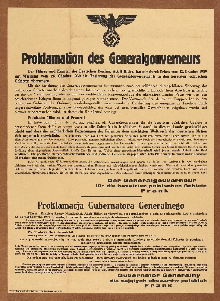 Proklamacja utworzenia Generalnego Gubernatorstwa, 26 X 1939 r. [ze zbiorów Muzeum „Pod Zegarem” w Lublinie]. 