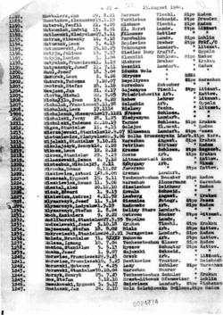 Dokumenty z obozu KL Auschwitz. Lista przeniesionych do KL Buchenwald z nazwiskami michniowian, 15 VIII 1944 r. [ze zbiorów APMAB]