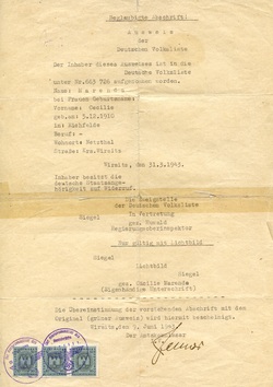 Ausweis der Deutschen Volksliste, dokument wystawiony w Wirsitz (obecnie Wyrzysk, pow. pilski, woj. wielkopolskie), 9 Juni 1943 r., dokument wystawiony na Marende Cecilie,