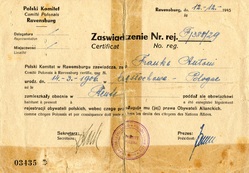 Dokument   Zaświadczenie więźnia obozu koncentracyjnego   - nr. Rej. F /388/29 wydane dla Antoniego Franke dnia 12-12-1945 Ravensburg