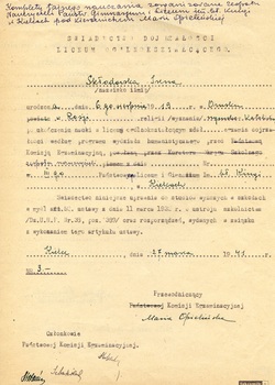 Świadectwo Dojrzałości z Liceum Ogólnokształcącego Ireny Skłodowskiej Kielce 27 marca 1941r. ( świadectwo z Tajnych Kompletów)