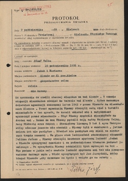 Protokół przesłuchania Antoniego Telki, świadka pacyfikacji wsi Klonów 2 VII 1943 r., Kielce, 2 X 1968 r. [ze zbiorów IPN].