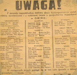 Plakat informacyjny o niemieckich represjach na polskich rolnikach za niepunktualne dostawy kontyngentowe, b.d.m. [ze zbiorów AP w Kielcach].