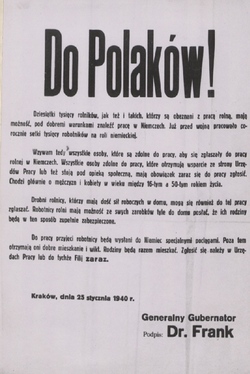 Wezwanie generalnego gubernatora Hansa Franka zachęcające Polaków do wyjazdu na roboty do Niemiec (w języku polskim i niemieckim), Kraków, 25 I 1940 r. [ze zbiorów AP w Kielcach].