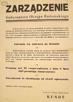 Zarządzenie gubernatora okręgu radomskiego Kundta zabraniające żebrać po domach, Radom, 1 IV 1942 r. [ze zbiorów AP w Kielcach].