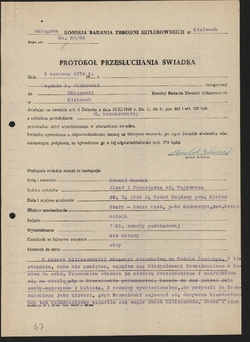 Protokół przesłuchania Edwarda Mendaka, świadka rozstrzelania romskiej rodziny we Wzdole Rządowym jesienią 1943 r., Kielce, 27 V 1974 r. [ze zbiorów IPN].