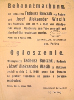 Obwieszczenie niemieckiego komendanta batalionu Perlinga informujące o egzekucji dwóch mieszkańców woj. kieleckiego, Pionki, 6 II 1940 r. [ze zbiorów AP w Kielcach].
