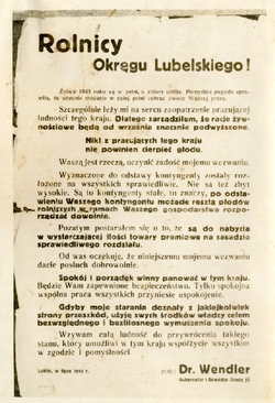 Zarządzenie o podwyższeniu kontyngentów na terenie Okręgu Lubelskiego, Lublin, 1943 r. [ze zbiorów Muzeum „Pod Zegarem” w Lublinie].