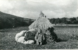 Bezdomna kobieta po pacyfikacji wsi Lipnik i Wiśniowa, 12-18 IX 1944 r. [ze zbiorów IPN].