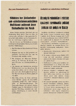 Niemieckie obwieszczenie informujące o obowiązkach robotników na terenie III Rzeszy, b.d.m. [ze zbiorów AP w Kielcach].