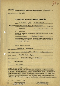 Protokół przesłuchania Stanisława Niedośpał, który w czasie II wojny światowej pracował w służbie Baudienst w obozie w Niegowici, pow. bocheński, Myślenice, 16 VI 1969 r. [ze zbiorów IPN].