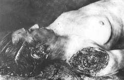 Na zdjęciu Kleszczyńska. Ciało nosi widoczne ślady tortur w tym przypiekania okolic twarzy a także odrąbany bark, Podjarków, 16 VIII 1943 r. [ze zbiorów Mauzoleum w Michniowie].