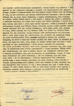 Protokół zeznania Anny Michalczuk, która była świadkiem pacyfikacji swojej wsi Kozły, k. Próżan za pomoc partyzantom, Bielsk-Podlaski, 30 VI 1988 r. [ze zbiorów IPN]