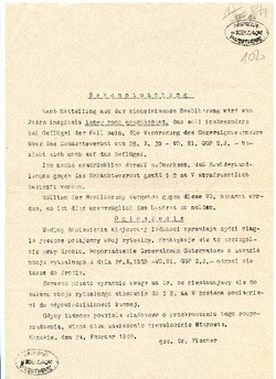Niemieckie obwieszczenie dotyczące zakazu potajemnego uboju rytualnego, Końskie, 24 II 1940 r. [ze zbiorów AP w Kielcach].