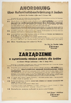 Zarządzenie o ograniczeniu miejsca pobytu dla Żydów na obszarze Okręgu Lubelskiego, 15 II 1941 r. [ze zbiorów Muzeum „Pod Zegarem” w Lublinie].